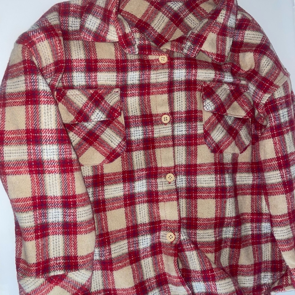 Plaid Button-Up Shirt - Red and Tan